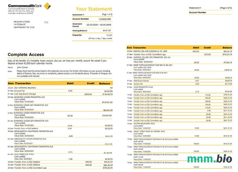 Szablon wyciągu bankowego Australia Commonwealth w formacie Excel i PDF( 3 strony), Wersja 2